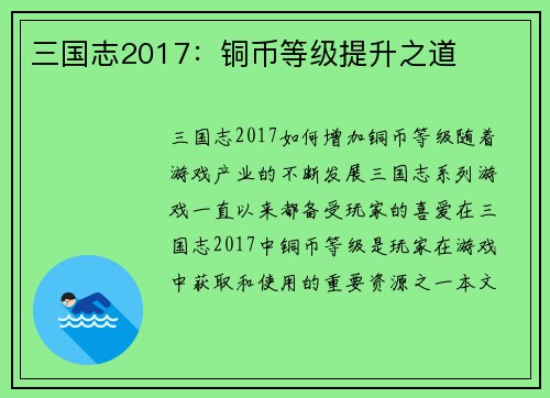三国志2017：铜币等级提升之道